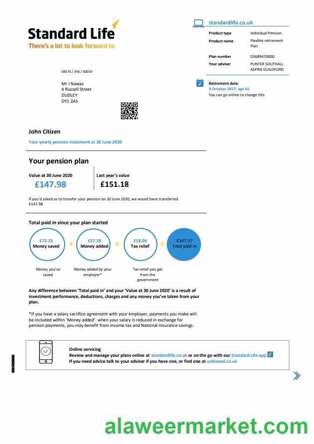 United Kingdom Standard Life proof of address pension statement in Word and PDF (.doc and .pdf) format